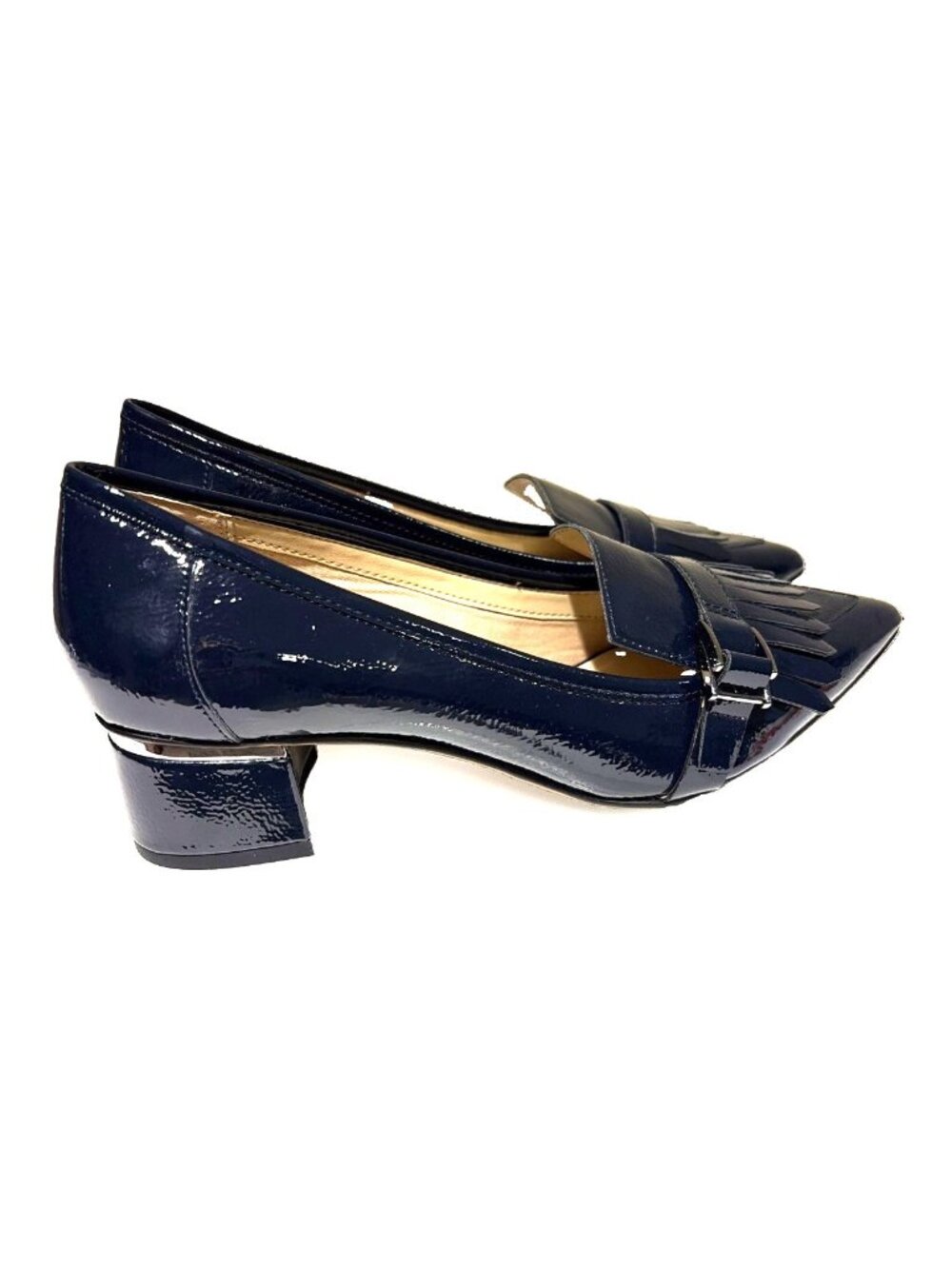Franco Sarto Women's Patent Leather Loafers Shoes Size 9 Navy Fringe Buckle NWOT